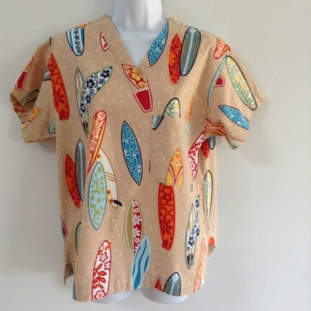 Peaches Scrub Top Surfboards Medical Shirt Nurse Small S - Picture 2 of 4